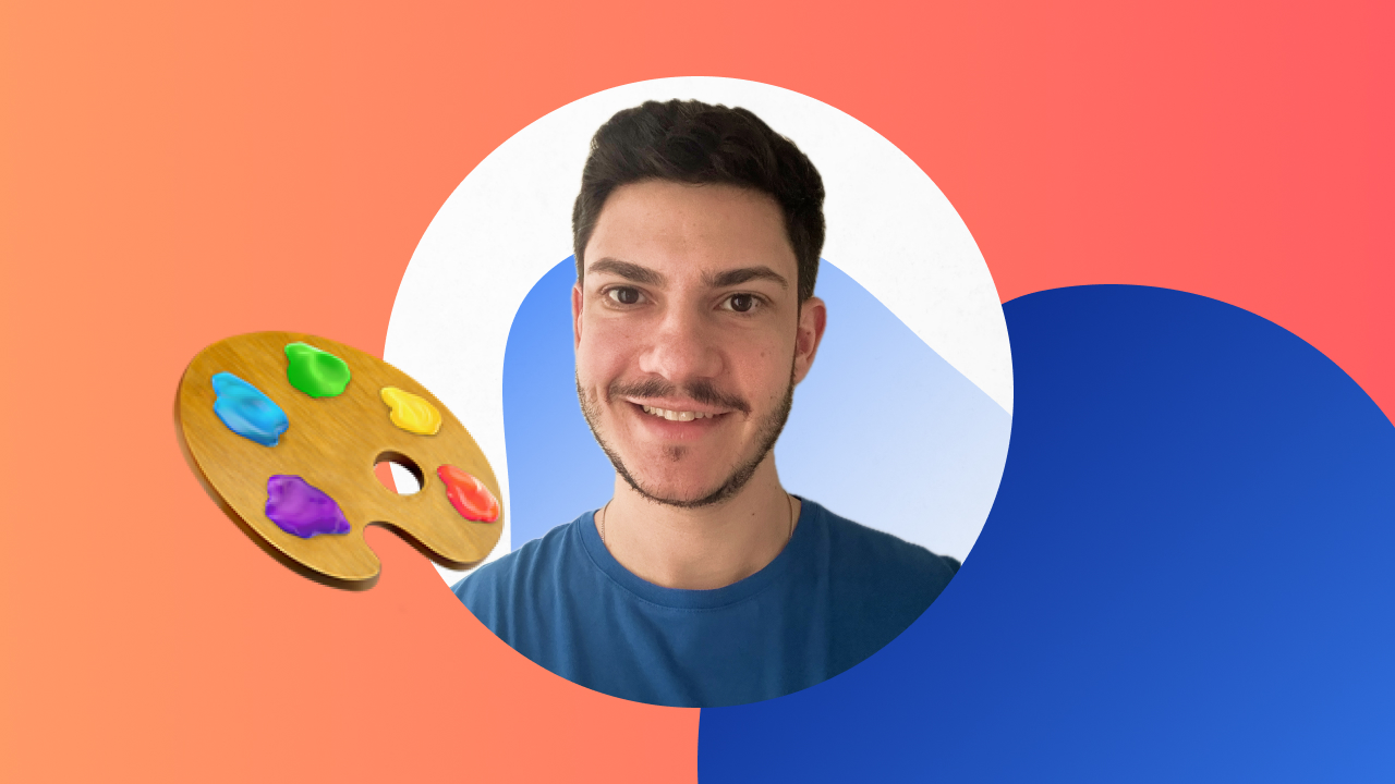 Portrait of Andre, a web designer at Artneo, smiling with a paint palette icon symbolizing creativity, set against a vibrant orange and blue background