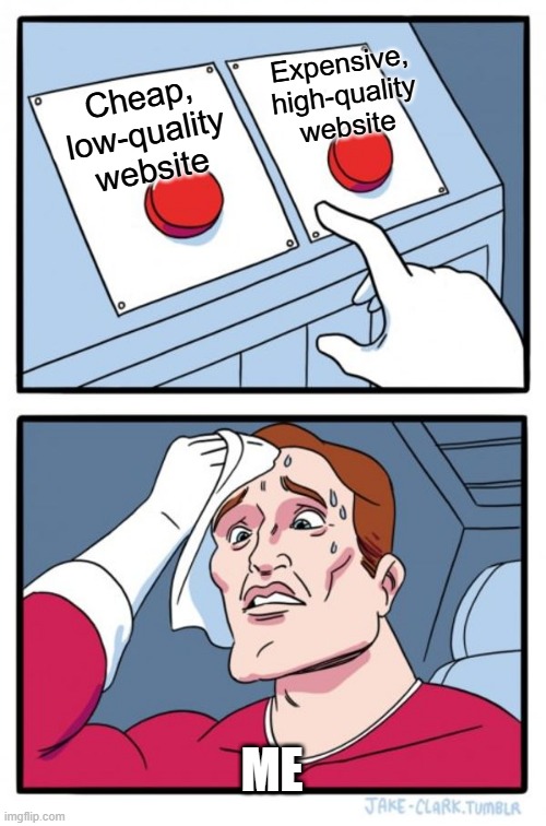 Two buttons meme with the options cheap, low-quality website or expensive, high-quality website