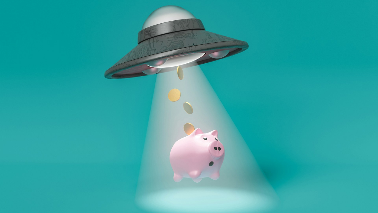 An illustration of a UFO beaming up a piggy bank with coins floating upwards, symbolizing the cost of websites and monthly expenses