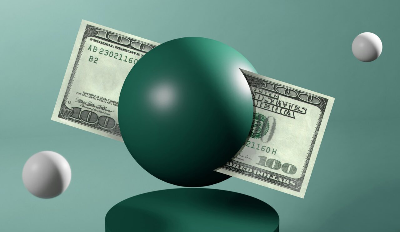 Abstract design with a green sphere and a $100 bill, symbolizing cost savings for small businesses