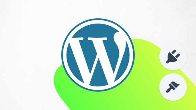 WordPress logo with plugin and theme icons