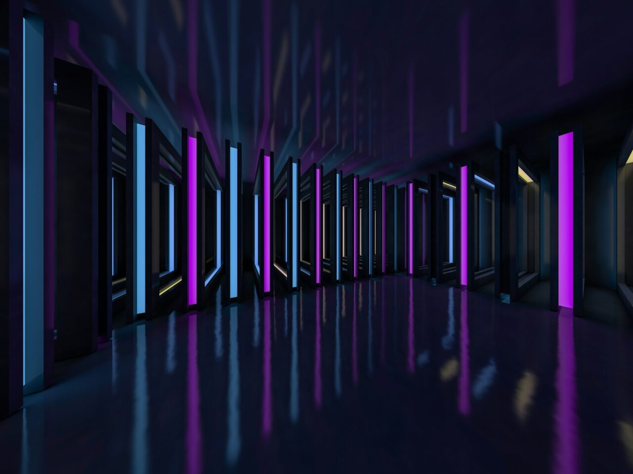 Abstract hallway with neon lights in purple, reflecting on a polished floor, symbolizing a high-tech and futuristic environment, used to represent complex solutions like fixing the allowed memory size error in WordPress